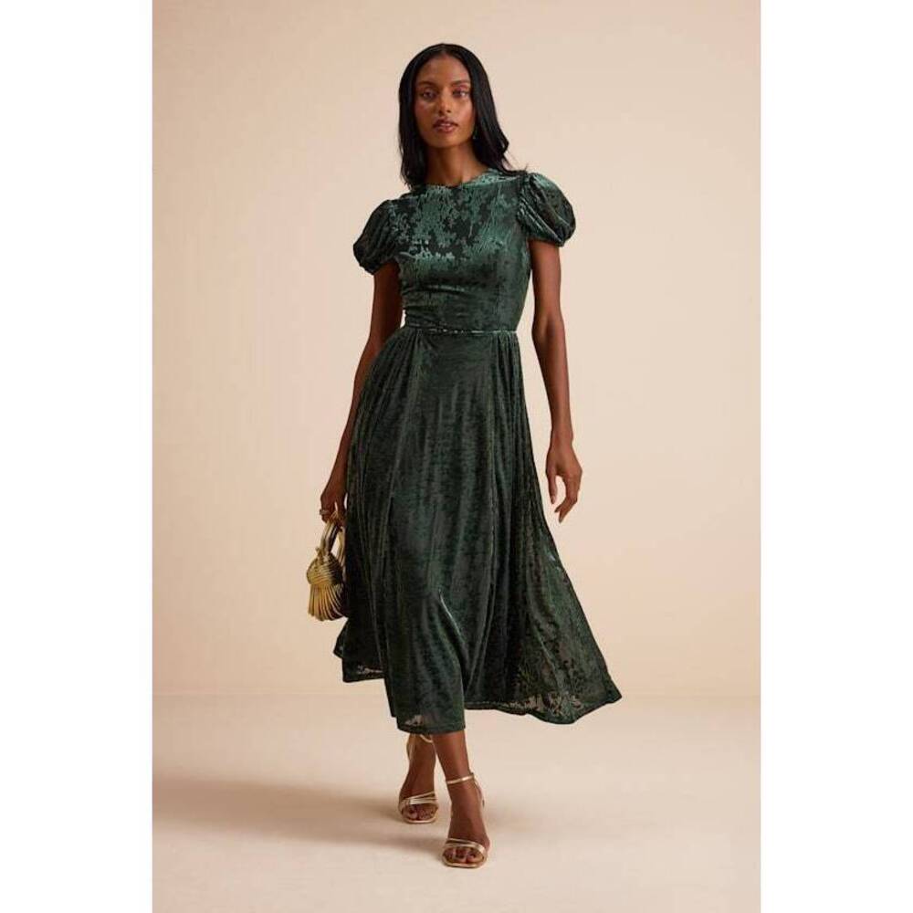 Lulus Arlie Emerald Velvet Burnout Puff Sleeve Midi Dress Green - Size M